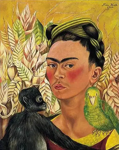 Selbstporträt mit Affe und Papagei Frida Kahlo